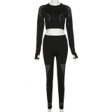Round Neck Hollow out Long Sleeve Top High Waist Slim Tight Pants Set