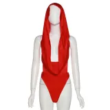 Sexy hollow low neck tight casual sleeveless hooded one-piece top
