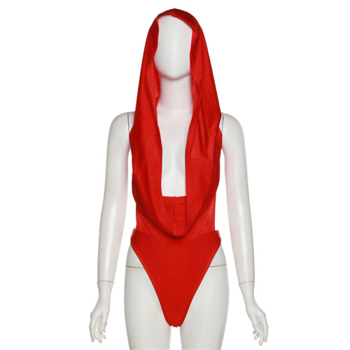 Sexy hollow low neck tight casual sleeveless hooded one-piece top
