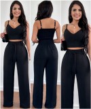 V-Neck Short Tank Top Lace up High Waist Patch Pocket Straight Pants Casual Set