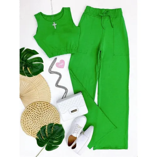 Sweet solid color short vest drawstring high waist straight trousers fashion casual suit
