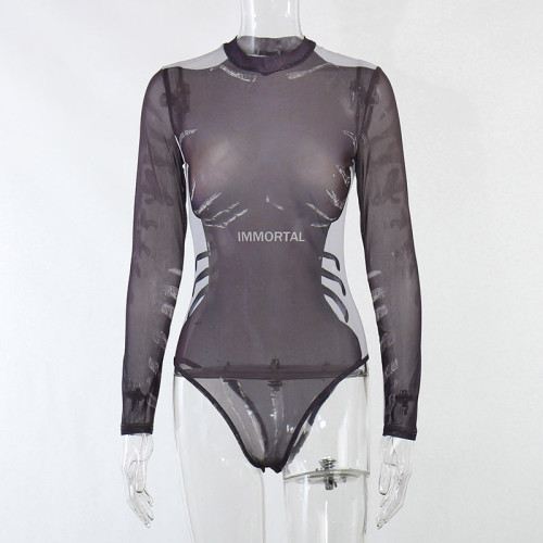 Tight, fashionable and sexy body digital printing long-sleeved round-neck gauze perspective bodysuit