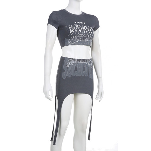 Fashion Women's Sexy Umbilical Slim Fit T-shirt Irregular Half-skirt Letter Print Set