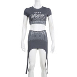 Fashion Women's Sexy Umbilical Slim Fit T-shirt Irregular Half-skirt Letter Print Set