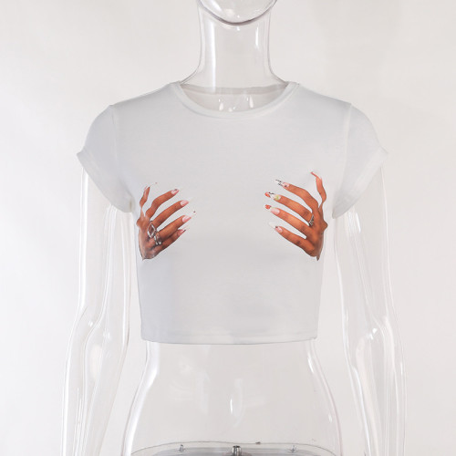 Basic round neck palm print short-sleeved shirt Slim fit short exposed navel versatile T-shirt