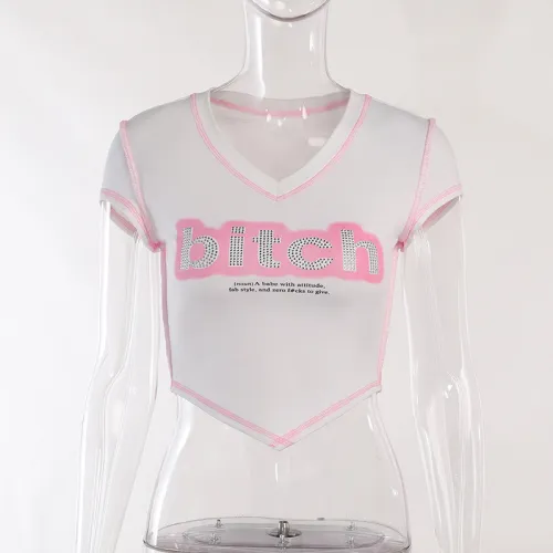 Color-blocking letter-printed Spicy Girl short-sleeved short-cut navel-exposed versatile T-shirt