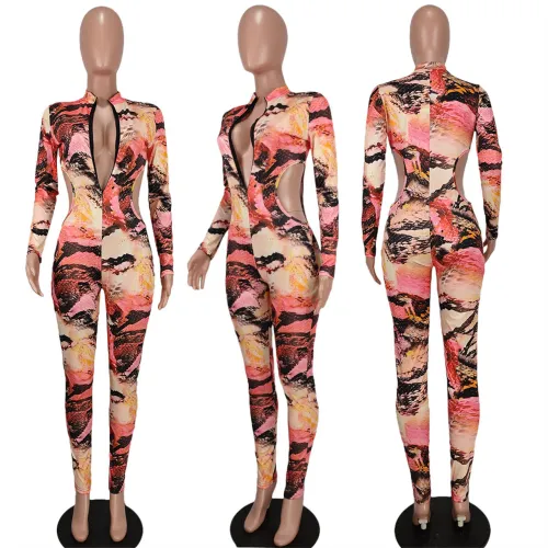 Temperament slim deep V open waist printed jumpsuit