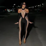 Women's sexy gauze mesh perspective panel round neck sleeve jumpsuit trousers