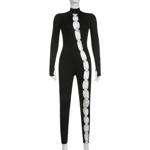 Round hollow tight sexy long-sleeved jumpsuit