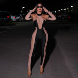 Women's sexy gauze mesh perspective panel round neck sleeve jumpsuit trousers