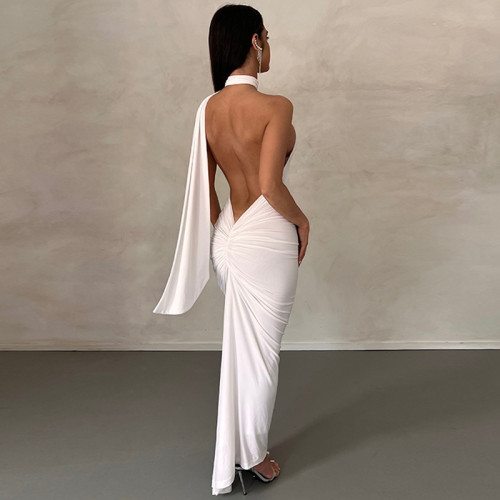 Neck dress sleeveless backless sexy tight pleated buttock dress