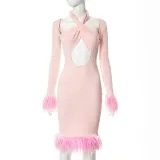 Sexy cross fur hem buttock tight dress