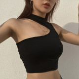 Asymmetrical cut shoulder cut-out solid color tank top