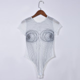 Tight sexy cut-out screen printed round neck women's bodysuit