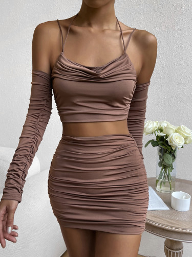 Two pieces of sexy hanging neck cut-out hip skirt suit
