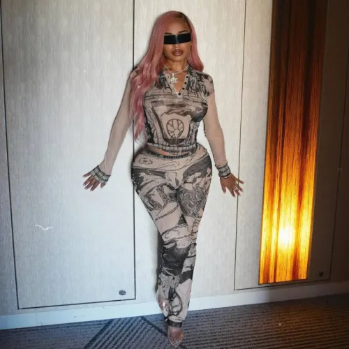 Fashion half-open collar long-sleeved screen printed trousers suit