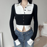 Women's short fashion color contrast fake two-piece single-breasted waistband slim long-sleeved T-shirt