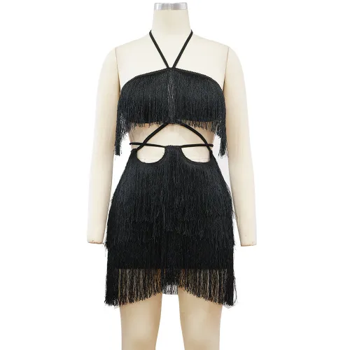 Nightclub lace tassel wrap hip skirt with bra and backless dress