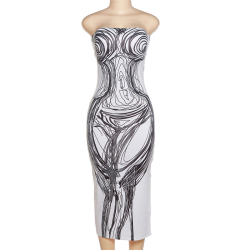 Sexy Spicy Girl Personality 3D Print Bra Open Back Split Dress