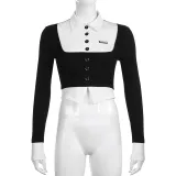 Women's short fashion color contrast fake two-piece single-breasted waistband slim long-sleeved T-shirt