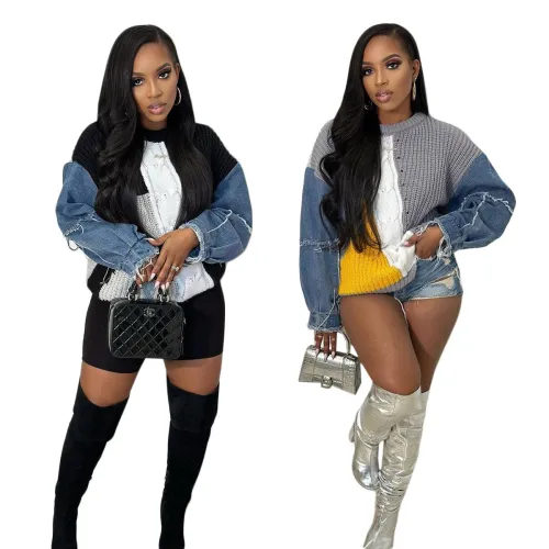 Denim stitching women's knitting sweater