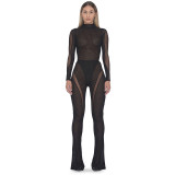 Women's sexy mesh stitching perspective long-sleeved one-piece top speaker trousers casual suit