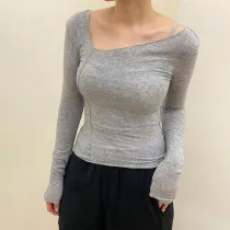 Asymmetrical reverse stitching long-sleeved slim T-shirt top