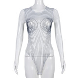 Tight sexy cut-out screen printed round neck women's bodysuit