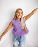 Back zip round neck solid color sleeveless patchwork feather tank top T-shirt