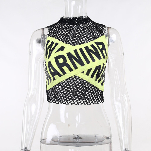 Wearing a perforated top with mesh on the outside, street fashion letter contrast color hot girl vest