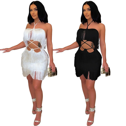 Nightclub lace tassel wrap hip skirt with bra and backless dress