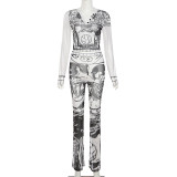 Fashion half-open collar long-sleeved screen printed trousers suit