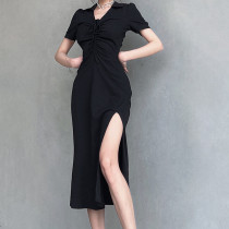 V-neck drawcord high slit slim dress