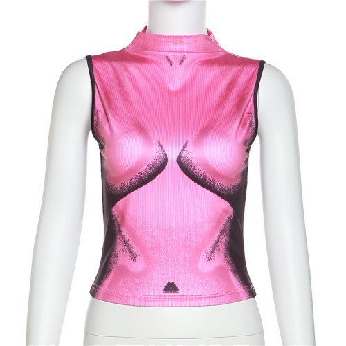 Women's sleeveless round neck fashion printing slim short t-shirt for women