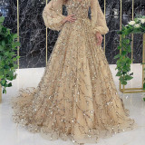 Golden heavy work beaded luxury evening dress sexy celebrity glamour queen dress