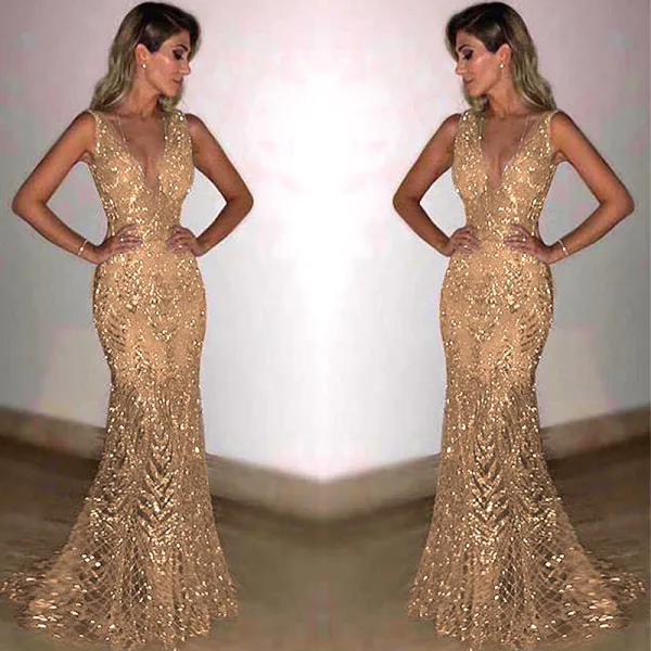 Evening dress women's long sleeveless sexy deep V sequin dress