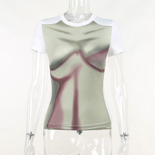 Fashion street trend T-shirt personality print round neck short sleeve basic thin versatile top