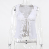 Pleated small lace sexy strapping hollowed-out top temperament casual hot girl exposed navel versatile T-shirt