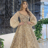 Golden heavy work beaded luxury evening dress sexy celebrity glamour queen dress
