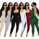 Solid color square neck back deep V long sleeve yoga fitness jumpsuit