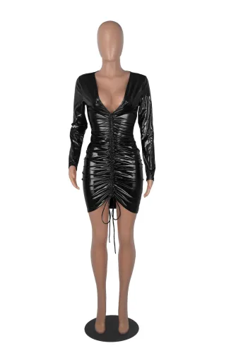 Fashion sexy deep V long-sleeved drawstring buttocks nightclub tight-fitting dress