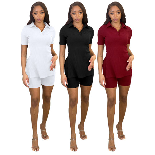Fashion women's solid color short-sleeved rib side split button V-neck casual two-piece set