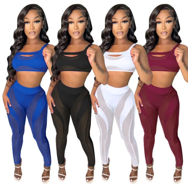 Mesh Irregular Splice Solid Color Sexy Low Chest High Waist Casual two-piece Set