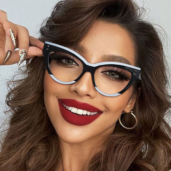 Retro modern cat eye flat lens trend contrast color rivet eye frame fashionable temperament anti-blue glasses