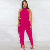 Fashion solid color casual tight-fitting fringed trousers two-piece set