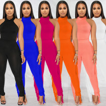 Fashion solid color casual tight-fitting fringed trousers two-piece set