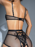 Funny waist mesh perspective lace binding sexy underwear three-piece set