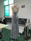 Dress suspender V-neck backless sequin lace up dress