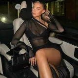 Long-sleeve sexy gauze perspective long skirt cut-out backless dress