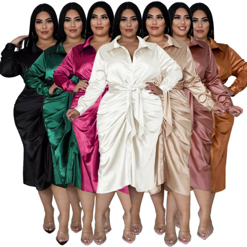 Fashion large women's reflective silk pleated shirt dress